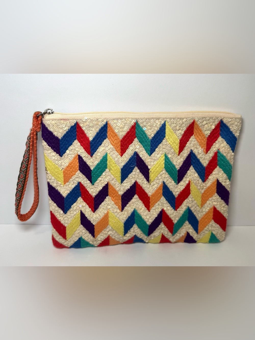 America & Beyond "Chic Chevron" Embellished Zip Clutch / Wristlet.